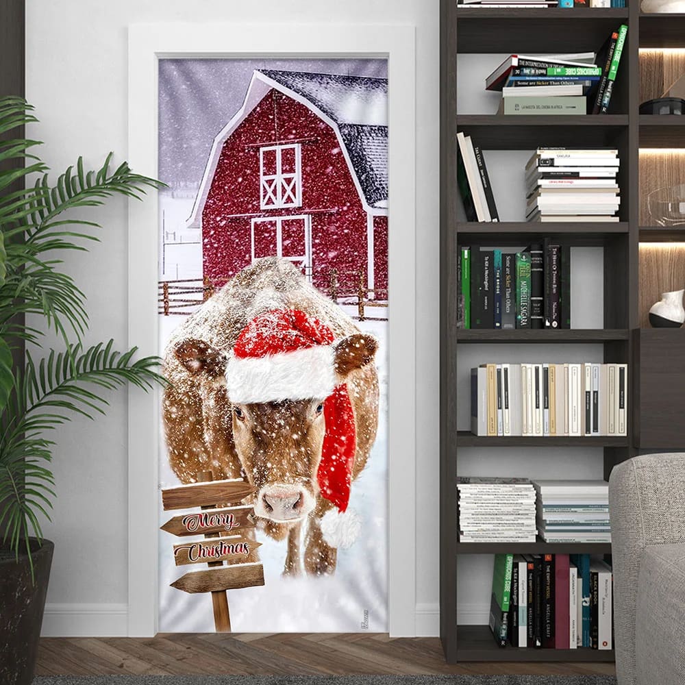 Cow Barn Merry Christmas Door Cover - Door Christmas Cover - Cow Lover Gifts