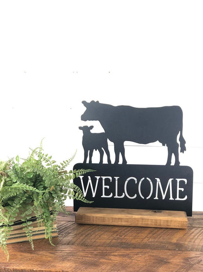 Cow Calf Pair Welcome Sign Farmhouse Welcome Sign Ranch Sign Cow Decor Metal Art Sign With Base Cow Sign Rustic Metal Sign Farm Sign