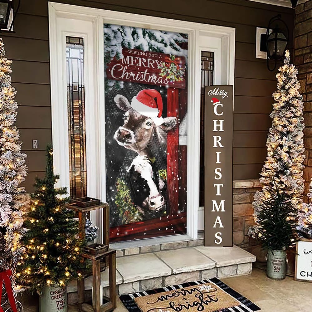Cow Cattle  Door Cover - Merry Christmas Door Cover - Door Christmas Cover - Cow Lover Gifts