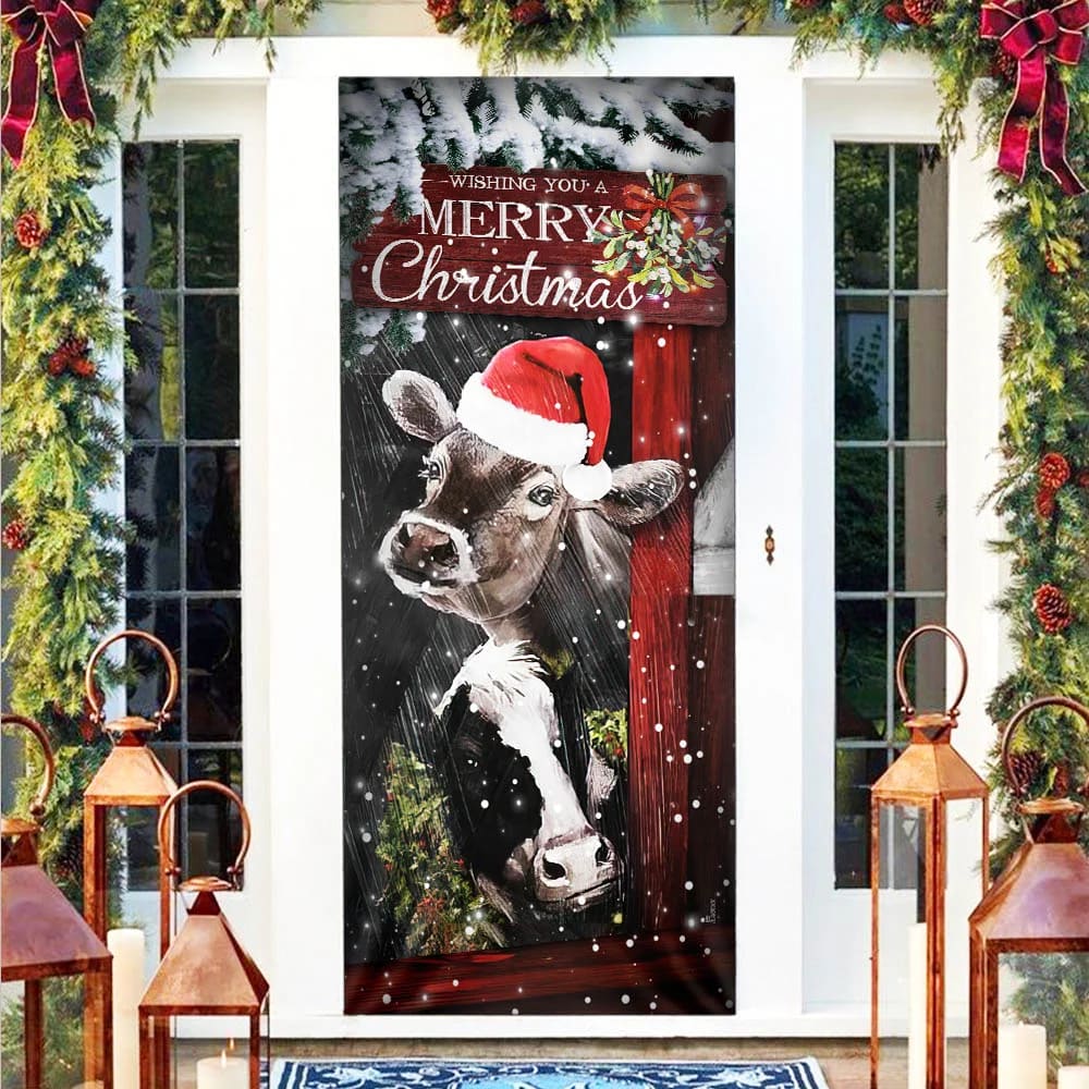 Cow Cattle  Door Cover - Merry Christmas Door Cover - Door Christmas Cover - Cow Lover Gifts