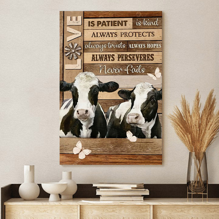 Cow Love Is Patient Love Is Kind Wall Art Canvas - Christian Canvas Wall Art - Gift For Farmer