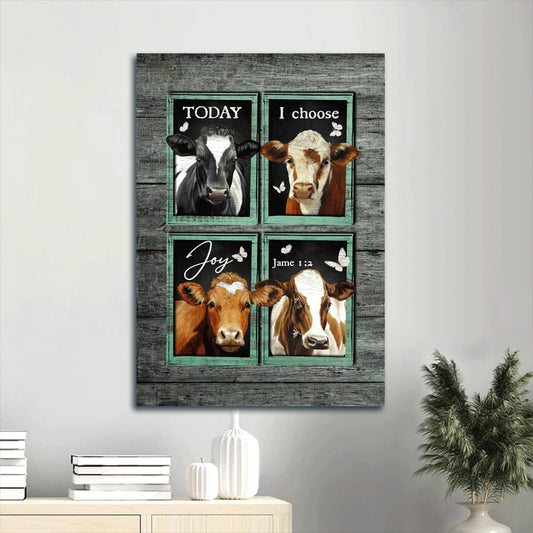 Cow Painting Mint Window Butterfly Today I Choose Joy Canvas Wall Art - Christian Gift