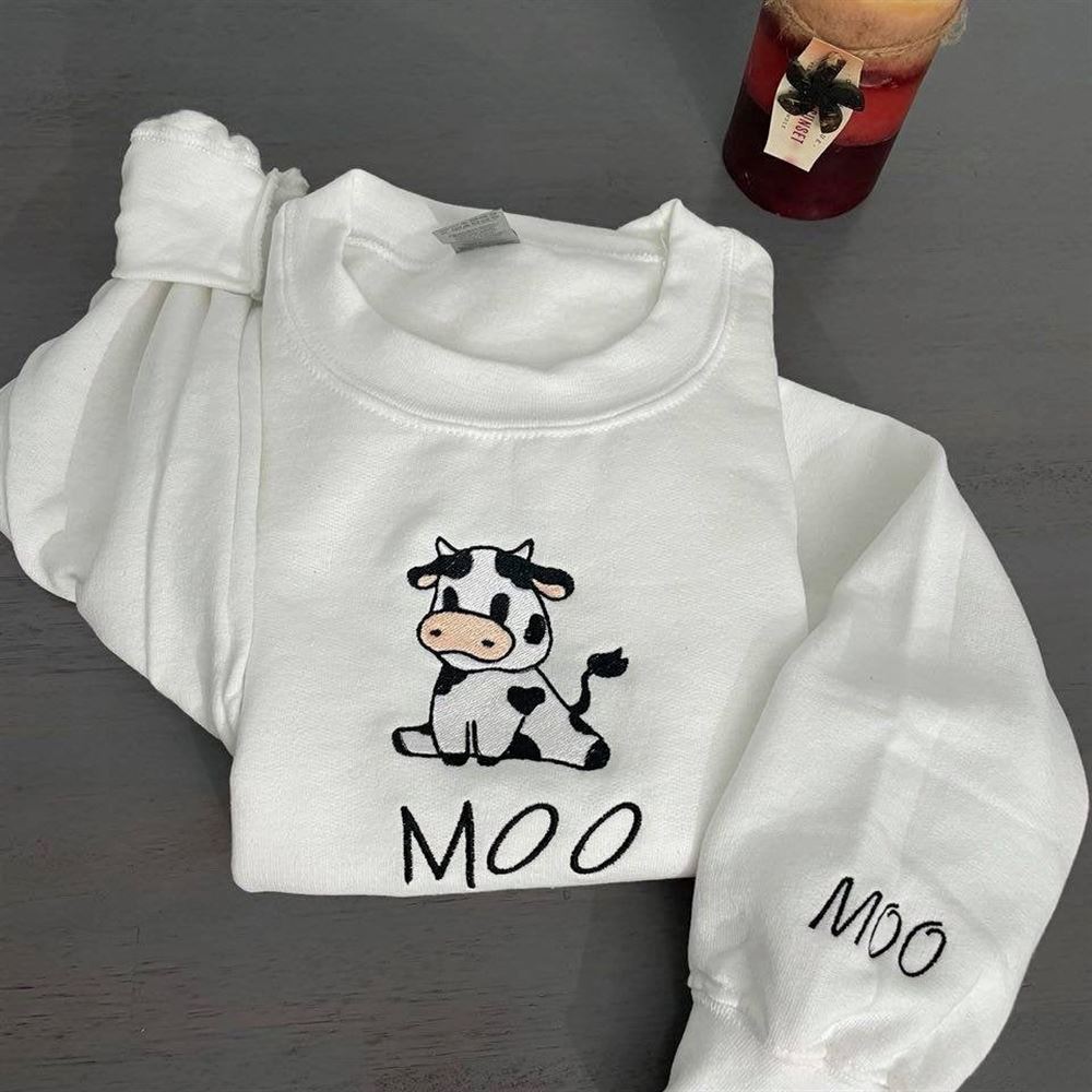 Cow Sitting Embroidered Sweatshirt, Women's Embroidered Sweatshirts