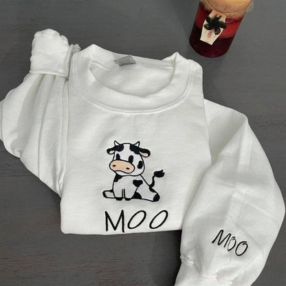 Cow Sitting Embroidered Sweatshirt, Women's Embroidered Sweatshirts