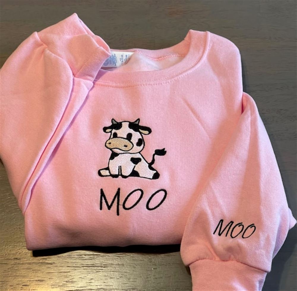 Cow Sitting Embroidered Sweatshirt, Women's Embroidered Sweatshirts