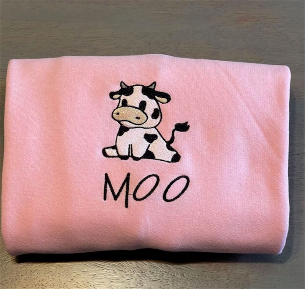 Cow Sitting Embroidered Sweatshirt, Women's Embroidered Sweatshirts