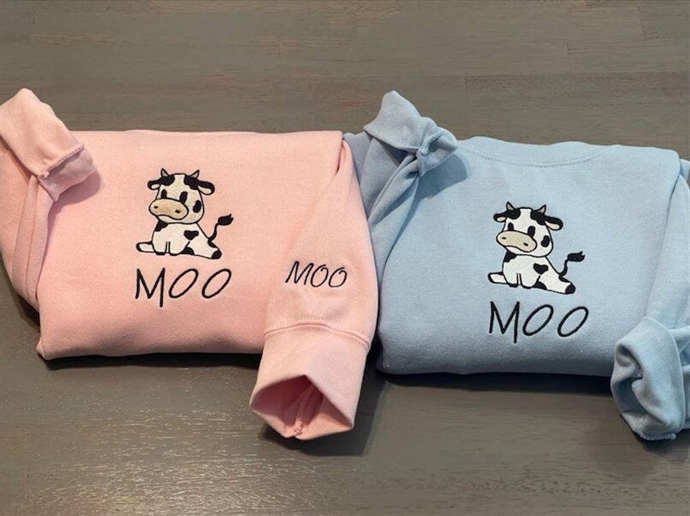 Cow Sitting Embroidered Sweatshirt, Women's Embroidered Sweatshirts