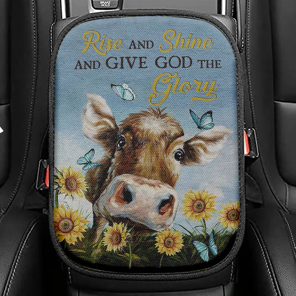 Cow Sunflower Field Rise And Shine Seat Box Cover, Christian Car Center Console Cover, Bible Verse Car Interior Accessories