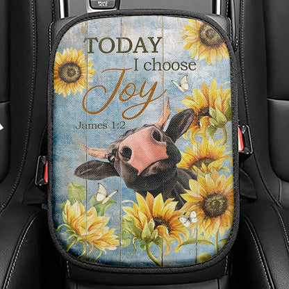Cow Sunflower Frame Blue Sky - Today I Choose Joy Seat Box Cover, Christian Car Center Console Cover, Bible Verse Car Interior Accessories