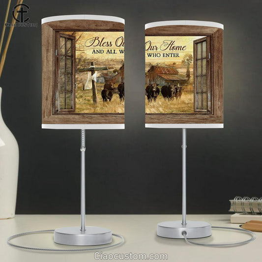 Cow Tranquil Farm Wooden Cross Bless On Home Who Are Enter Table Lamp For Bedroom - Bible Verse Table Lamp - Religious Room Decor