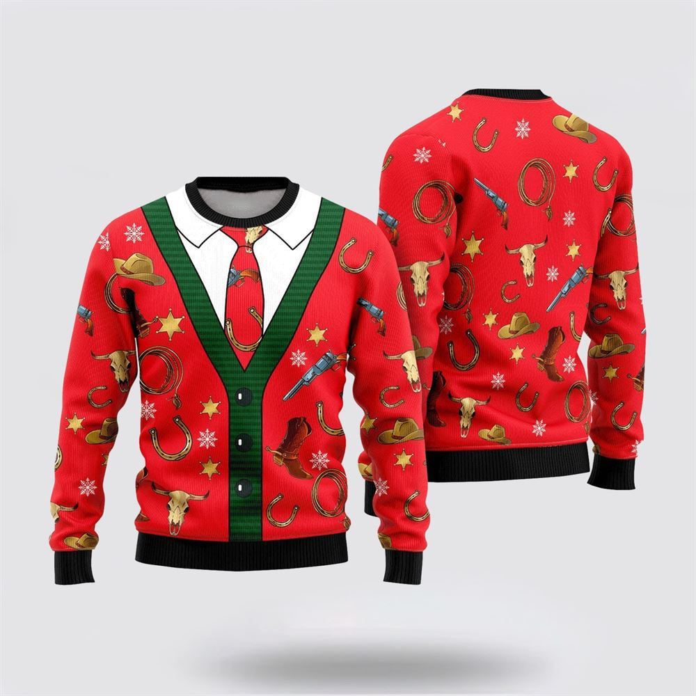 Cowboy Pattern Christmas Red Ugly Christmas Sweater, Farm Sweater, Christmas Gift, Best Winter Outfit Christmas