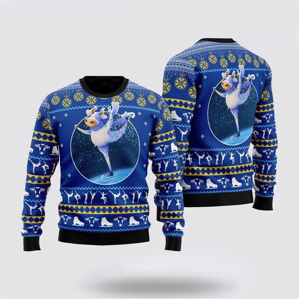 Cows Ice Skating Ugly Christmas Sweater, Farm Sweater, Christmas Gift, Best Winter Outfit Christmas