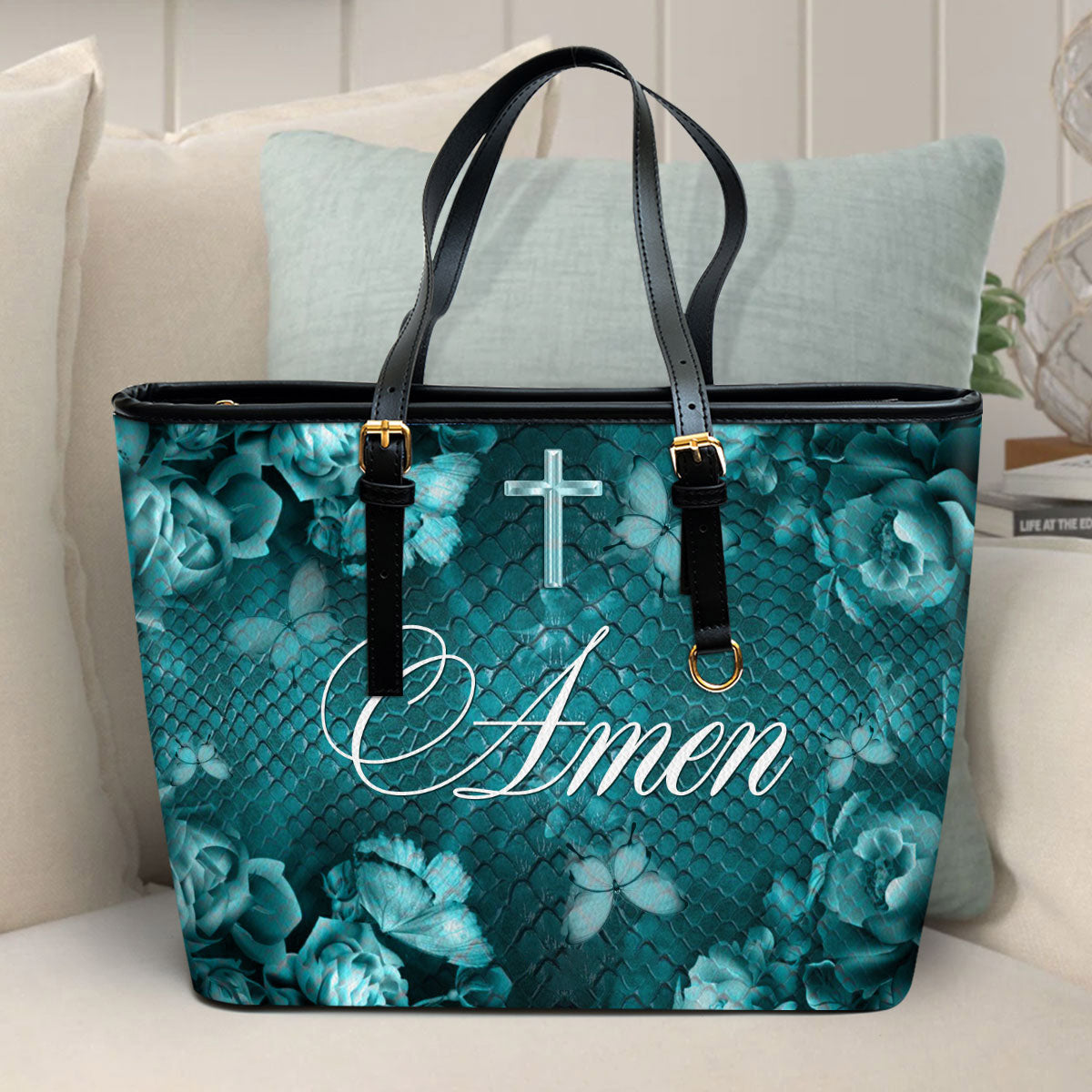 Cross Amen Large Leather Tote Bag - Christ Gifts For Religious Women - Best Mother's Day Gifts