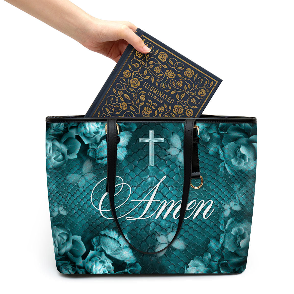 Cross Amen Large Leather Tote Bag - Christ Gifts For Religious Women - Best Mother's Day Gifts