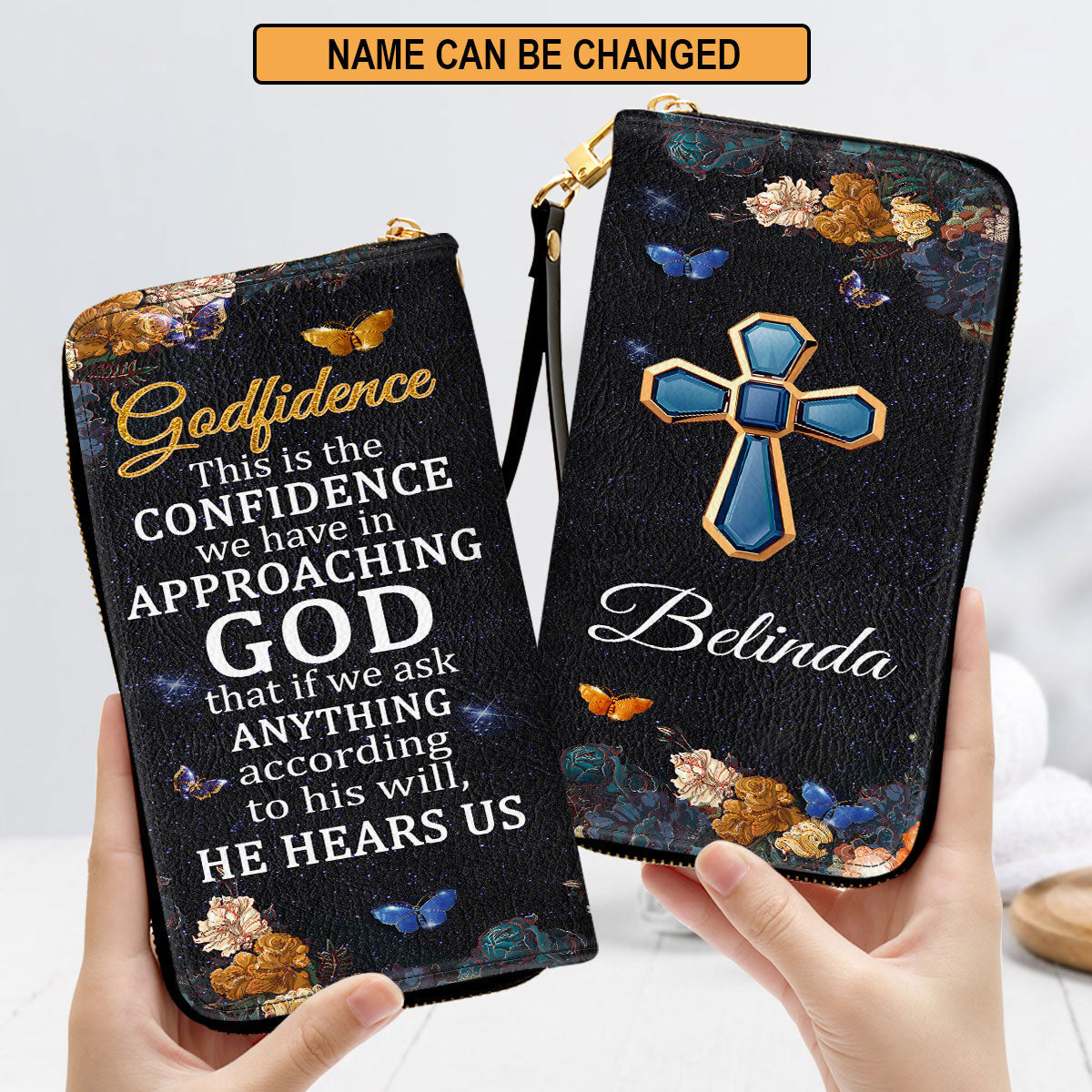 Cross And Flower Faith Gift From Gods For Women Clutch Purse For Women - Personalized Name - Christian Gifts For Women