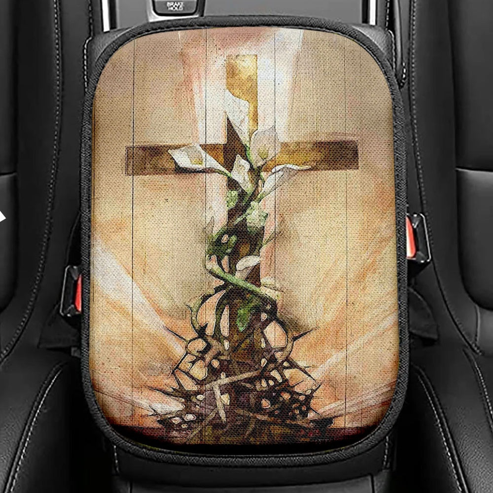Cross And Lily Seat Box Cover, Christian Car Center Console Cover, Religious Car Interior Accessories