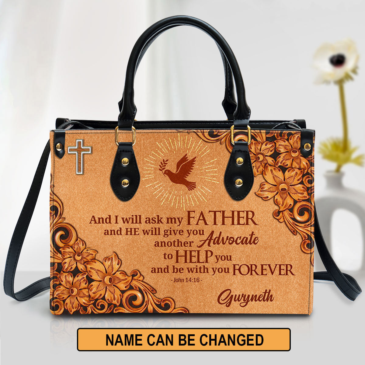 Cross And Pigeon And I Will Ask The Father John 1416 Personalized Zippered Leather Handbag With Handle Christian Gifts For Women