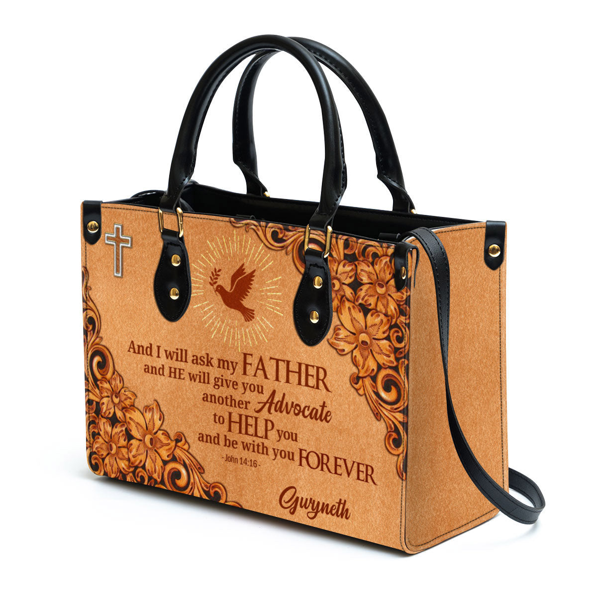 Cross And Pigeon And I Will Ask The Father John 1416 Personalized Zippered Leather Handbag With Handle Christian Gifts For Women