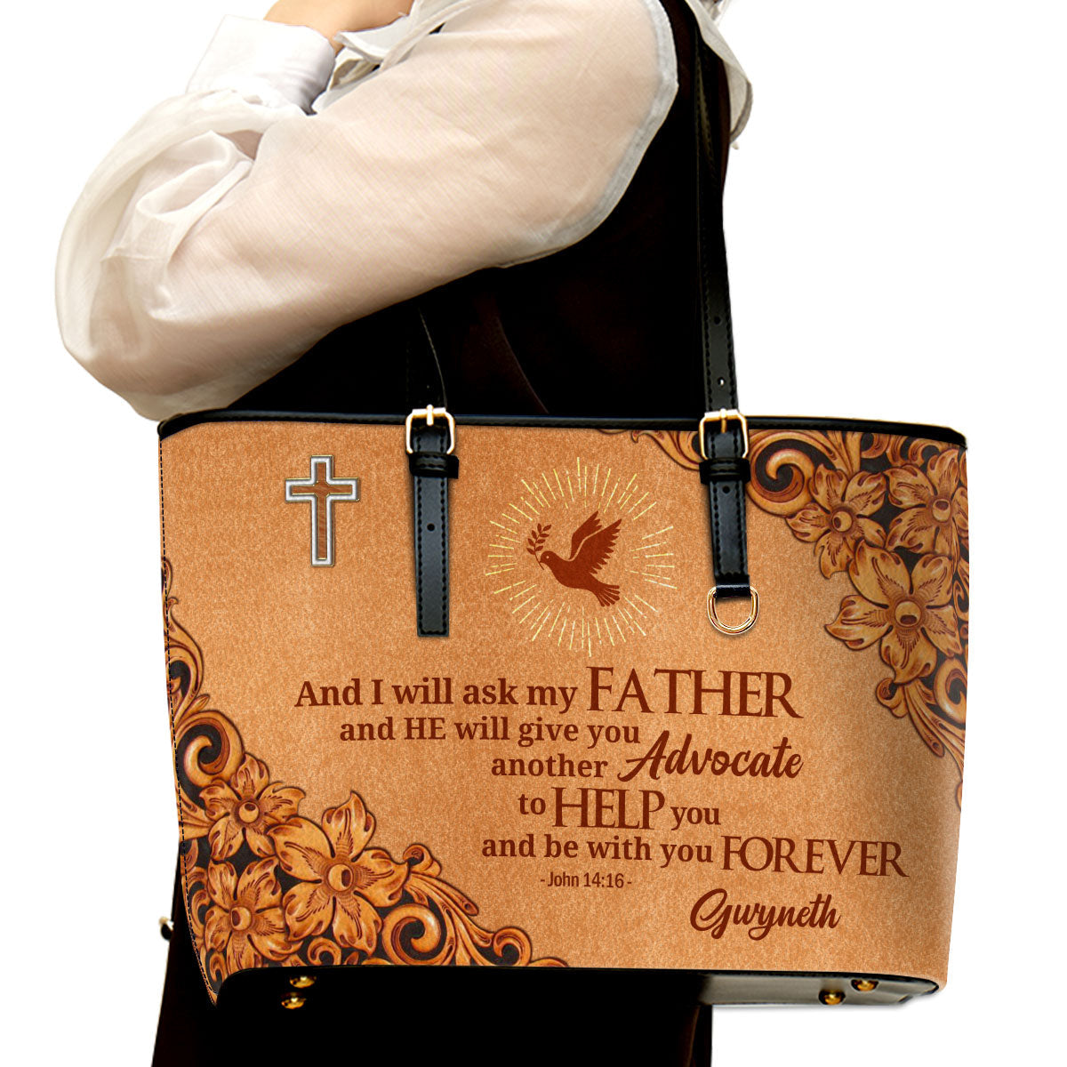 Cross And Pigeon John 1416 Personalized Large Leather Tote Bag - Christian Gifts For Women