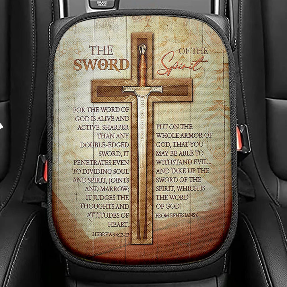 Cross Bible Verses Word Of God Seat Box Cover, The Sword Of The Spirit Car Center Console Cover, Christian Car Interior Accessories