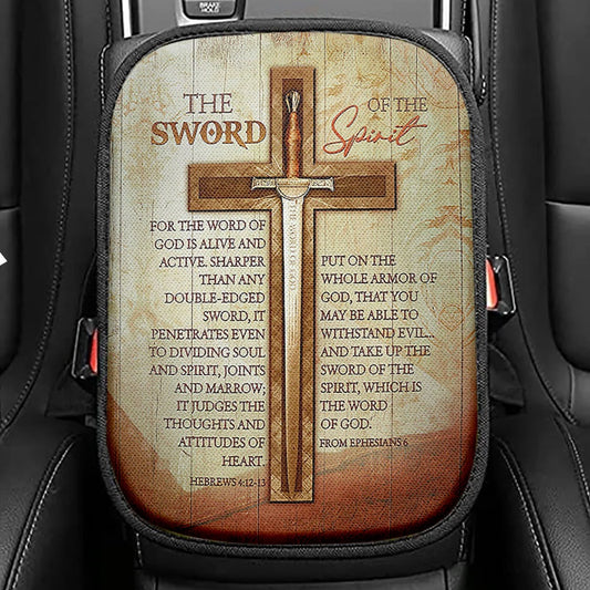 Cross Bible Verses Word Of God Seat Box Cover, The Sword Of The Spirit Car Center Console Cover, Christian Car Interior Accessories