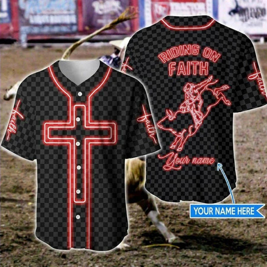 Cross, Bull Riding Baseball Jersey - Bull Riding On Faith Custom Baseball Jersey Shirt