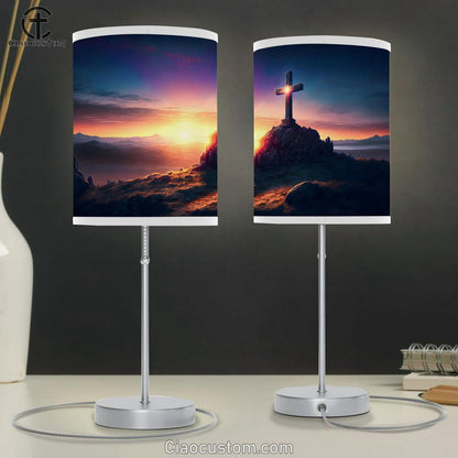 Cross Calvary Hill Golgotha Mountain Sunrise Table Lamp Pictures - Faith Art - Christian Table Lamp For Bedroom Decor