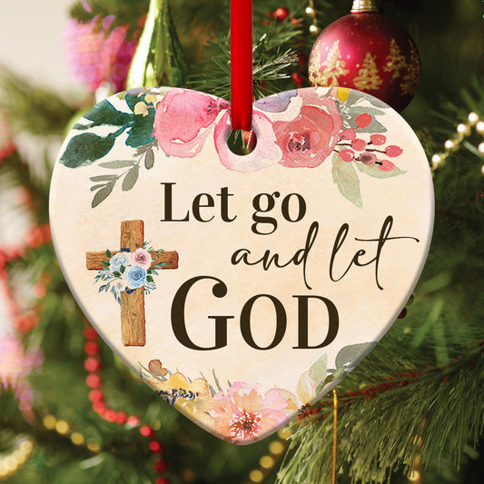 Cross Ceramic Heart Ornament - Let Go Your Problem And Let God Handle It Ornament- Christian Hanging Gift