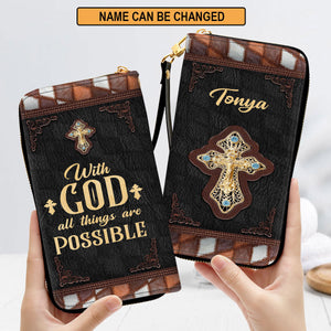 Cross Christ Gift For Women Of God With God All Things Are Possible Clutch Purse For Women - Personalized Name - Christian Gifts For Women