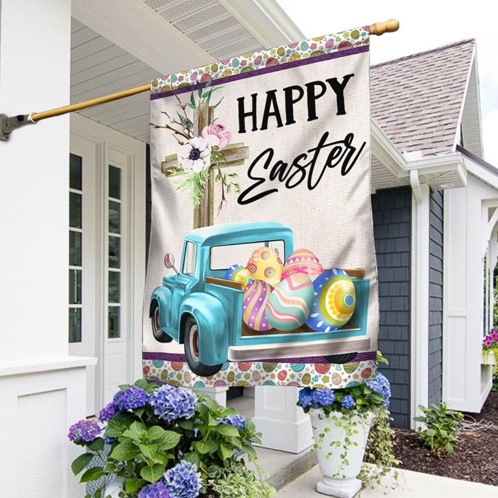 Cross Christian Truck Eggs Happy Easter Flag - Religious Easter House Flags - Easter Garden Flags