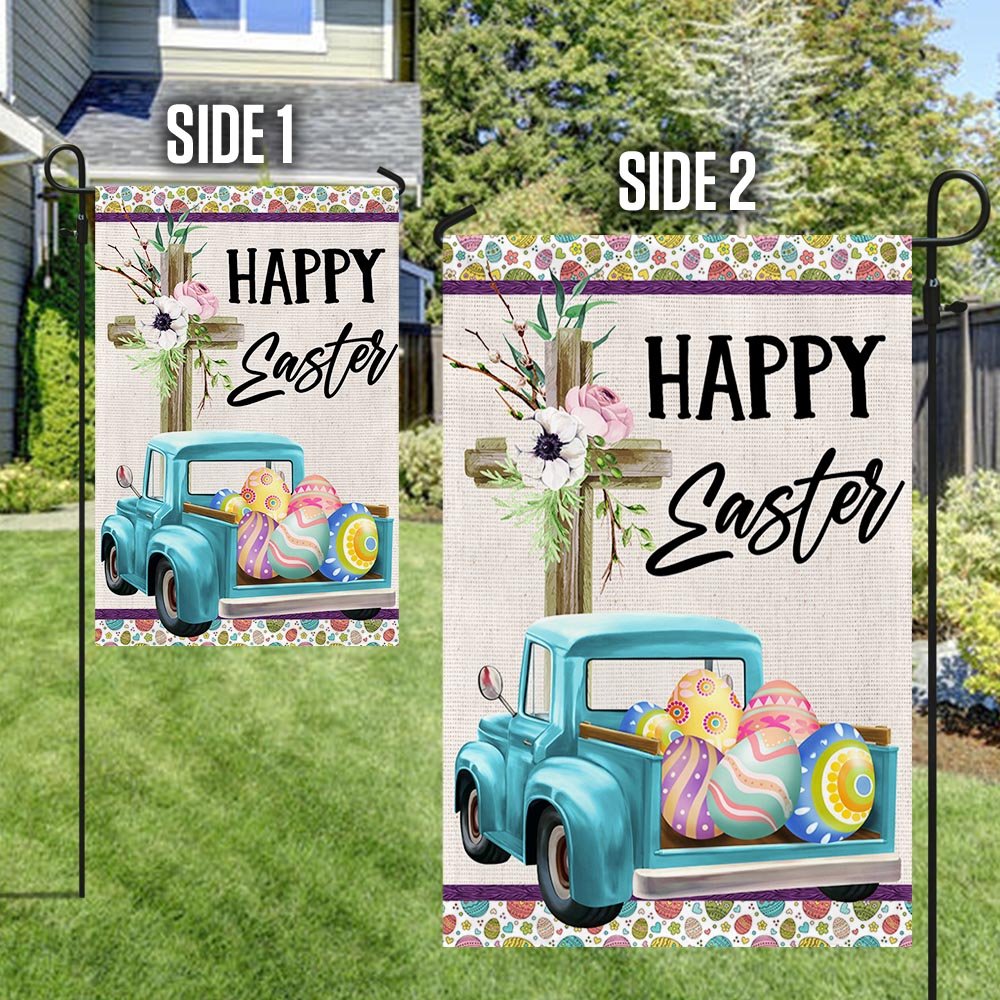 Cross Christian Truck Eggs Happy Easter Flag - Religious Easter House Flags - Easter Garden Flags