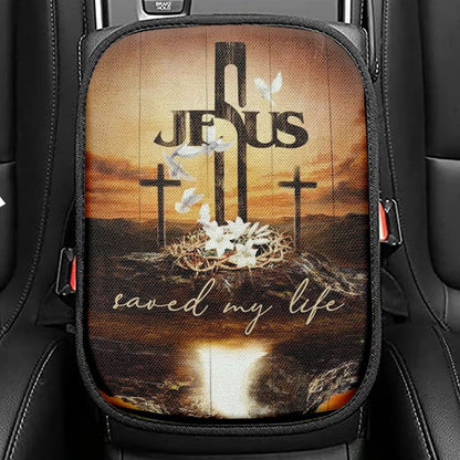 Cross Crown Of Thorns White Lily Dove Jesus Saved My Life Car Center Console Cover, Christian Armrest Seat Cover, Bible Seat Box Cover