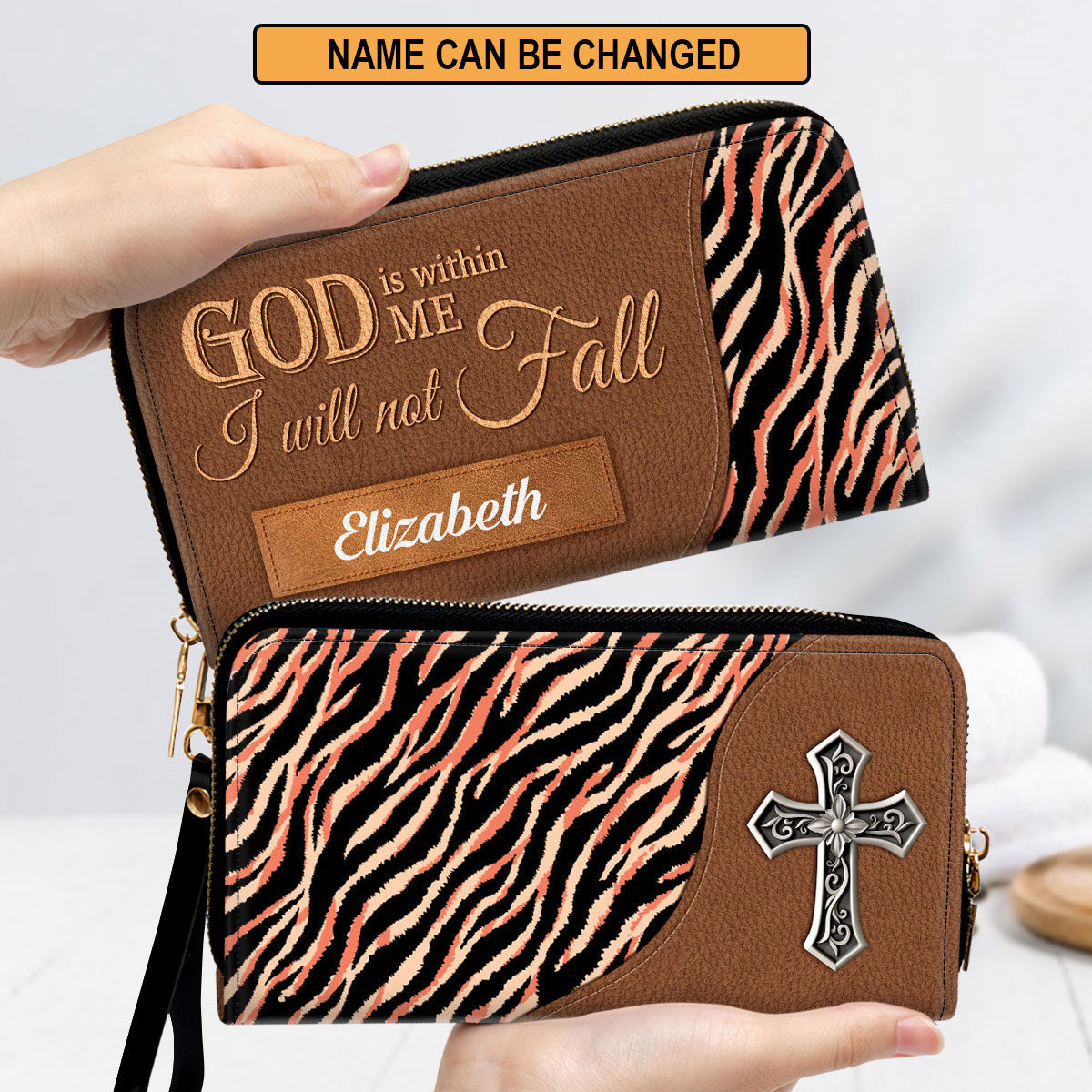 Cross God Is Within Me, I Will Not Fall Clutch Purse For Women - Personalized Name - Christian Gifts For Women