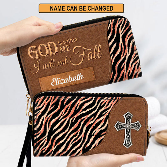 Cross God Is Within Me, I Will Not Fall Clutch Purse For Women - Personalized Name - Christian Gifts For Women