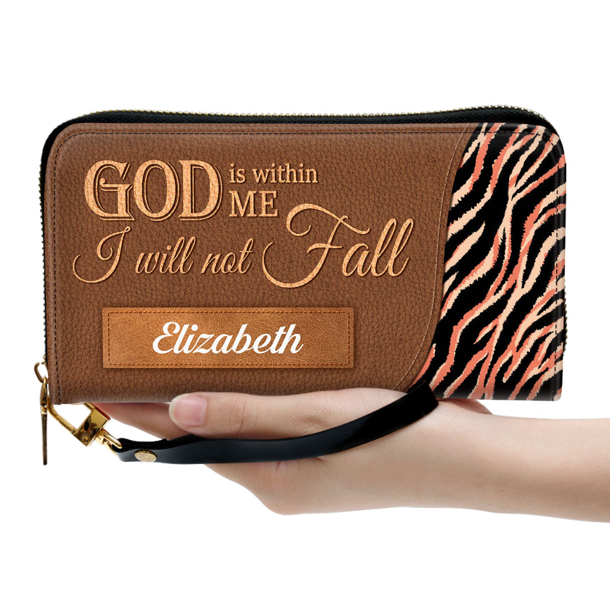Cross God Is Within Me, I Will Not Fall Clutch Purse For Women - Personalized Name - Christian Gifts For Women
