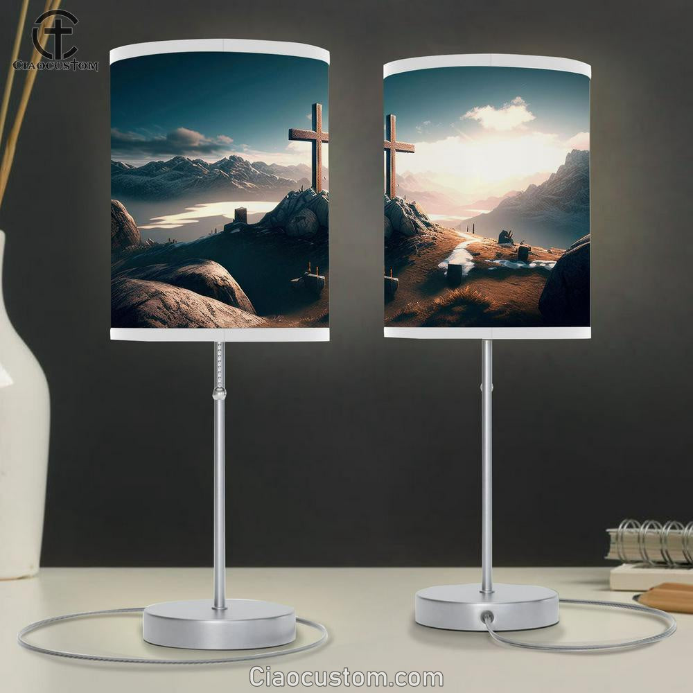 Cross Hill With Mountains Table Lamp Pictures - Faith Art - Christian Table Lamp For Bedroom Decor