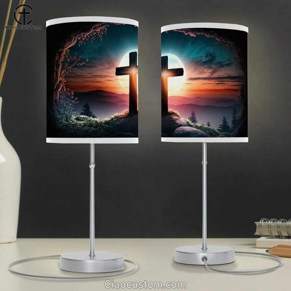 Cross Hill With Sun It Table Lamp Pictures - Faith Art - Christian Table Lamp For Bedroom Decor