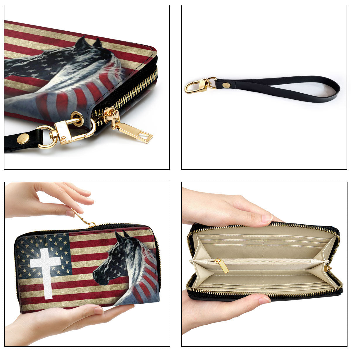 Cross & Horse & American Flag Clutch Purse For Women - Personalized Name - Christian Gifts For Women