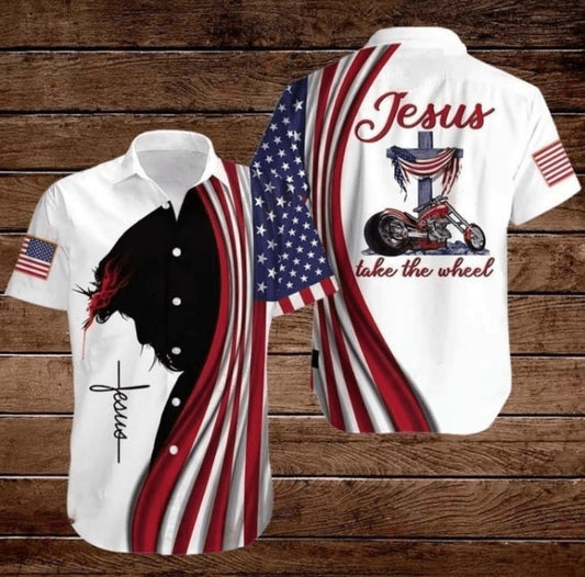 Cross Jesus Bible Americal Flag Biker Jesus Take The Wheel Hawaiian Shirt - Christian Hawaiian Shirts For Men & Women