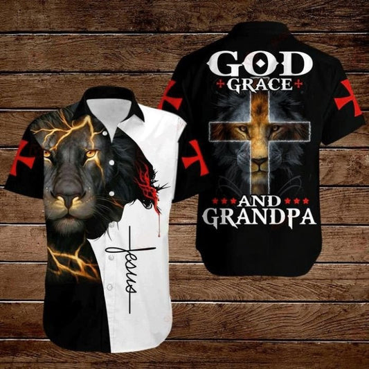 Cross Jesus Bible Lion God Grace And Grandpa Hawaiian Shirt - Christian Hawaiian Shirts For Men & Women