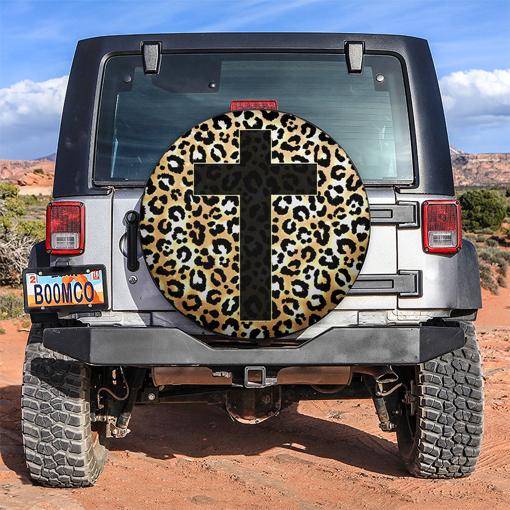 Cross Jesus Leopard Skin Car Spare Tire Cover Gift For Campers