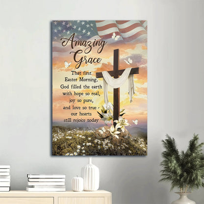 Cross Lily Flower Pretty Sunset Us Flag Amazing Grace Canvas Wall Art - Christian Gift