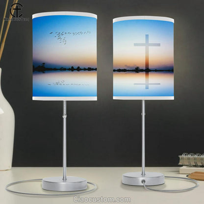 Cross Mountain Lake View Sunset Table Lamp Pictures - Faith Art - Christian Table Lamp For Bedroom Decor