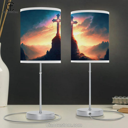 Cross On Calvary Hill Golgotha Mountain Table Lamp Pictures - Faith Art - Christian Table Lamp For Bedroom Decor