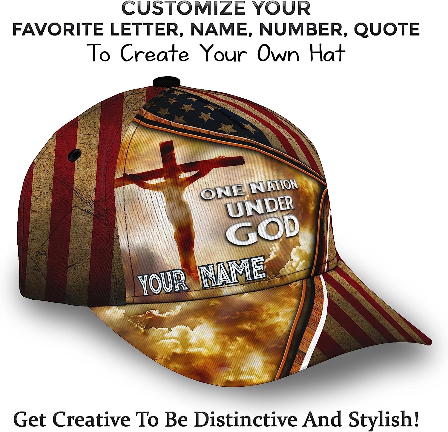 Cross One Nation Under God American Flag Custom Name All Over Print Baseball Cap - Christian Hats For Men Women