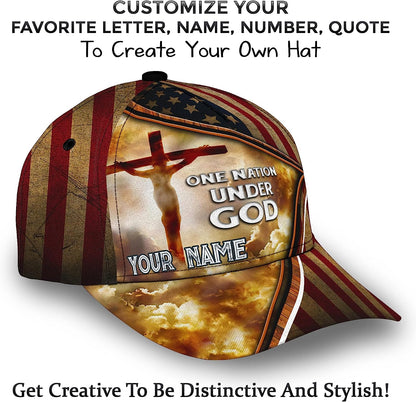 Cross One Nation Under God American Flag Custom Name All Over Print Baseball Cap - Christian Hats For Men Women