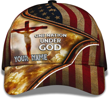 Cross One Nation Under God American Flag Custom Name All Over Print Baseball Cap - Christian Hats For Men Women