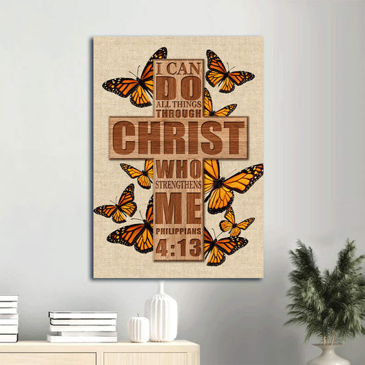 Cross Orange Butterfly I Can Do All Things Through Christ Who Strengthens Me Canvas Wall Art - Christian Gift
