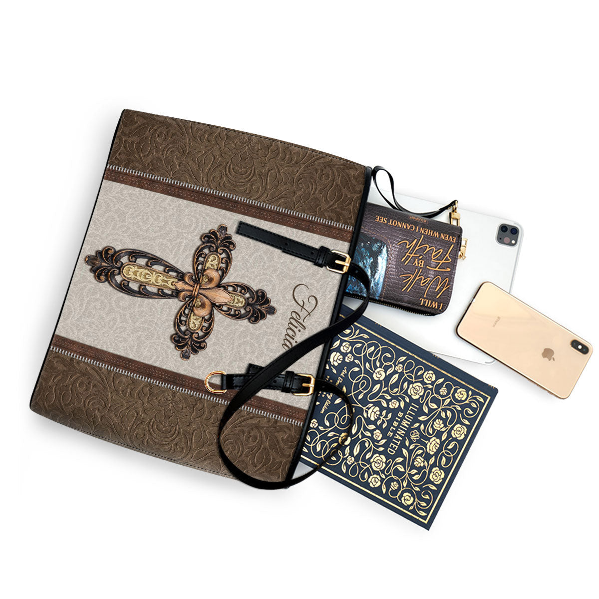 Cross Personalized Large Pu Leather Tote Bag For Women - Mom Gifts For Mothers Day