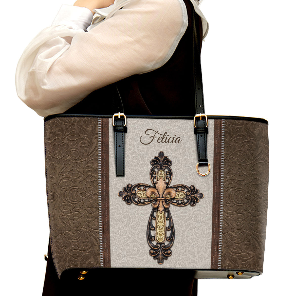 Cross Personalized Large Pu Leather Tote Bag For Women - Mom Gifts For Mothers Day